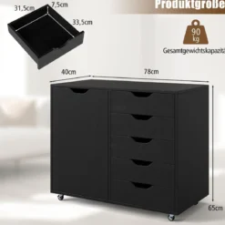 Rollcontainer mit 5 Schubladen & Tür & Arbeitsplatte & Rollen Mobiler Aktenschrank
