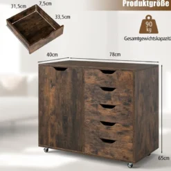 Rollcontainer mit 5 Schubladen & Tür & Arbeitsplatte & Rollen Mobiler Aktenschrank