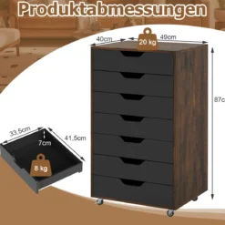 Rollcontainer mit 7 Schubladen mobiler Aktenschrank mit Rädern Bürocontainer Rustikales Braun