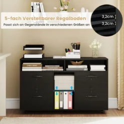 Rollcontainer mit 4 Schubladen mobiler Aktenschrank abschließbar mit verstellbarem Regal & offenen Fächern Schwarz
