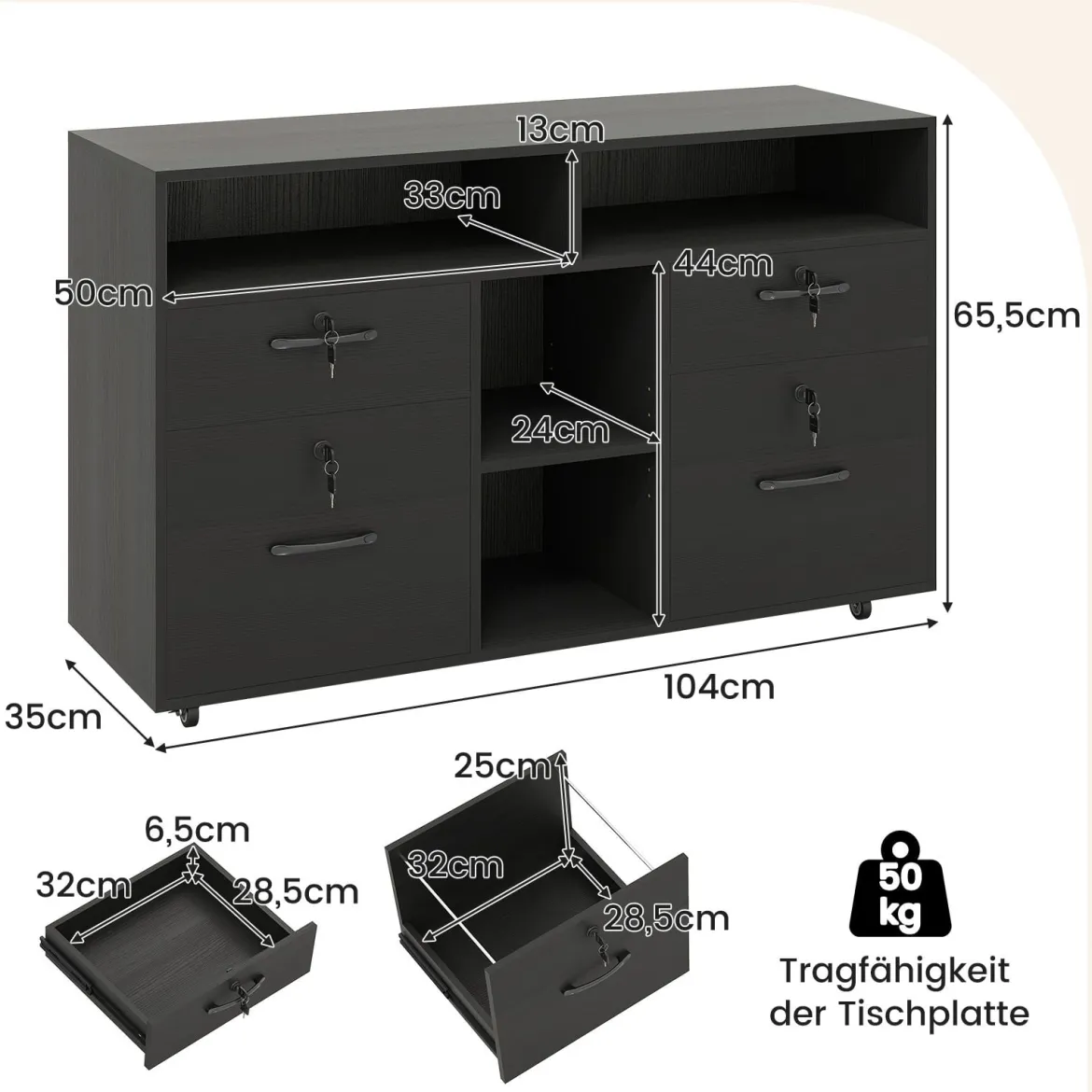 Rollcontainer mit 4 Schubladen mobiler Aktenschrank abschließbar mit verstellbarem Regal & offenen Fächern Schwarz