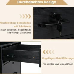 Rollcontainer mit 4 Schubladen mobiler Aktenschrank abschließbar mit verstellbarem Regal & offenen Fächern Schwarz