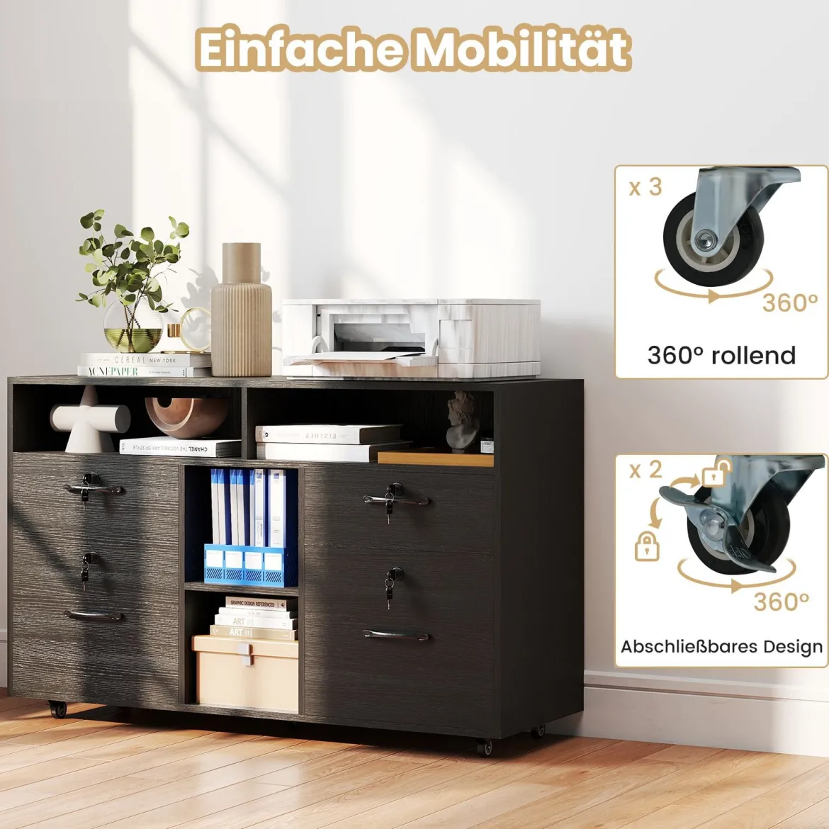 Rollcontainer mit 4 Schubladen mobiler Aktenschrank abschließbar mit verstellbarem Regal & offenen Fächern Schwarz