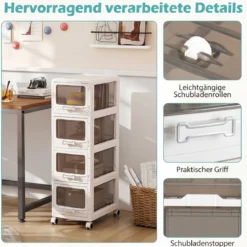Rollcontainer mit 4 Schubladen Kunststoff Aufbewahrungswagen mit PU-Rollen 42 x 28 x 91,5 cm Weiß