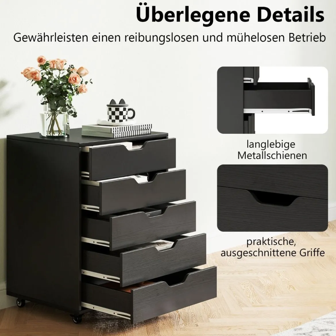 Rollcontainer mit 5 Schubladen Mobiler Aktenschrank mit Rädern Bürocontainer