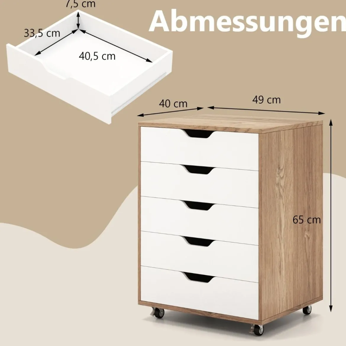 Rollcontainer mit 5 Schubladen Mobiler Aktenschrank mit Rädern Bürocontainer
