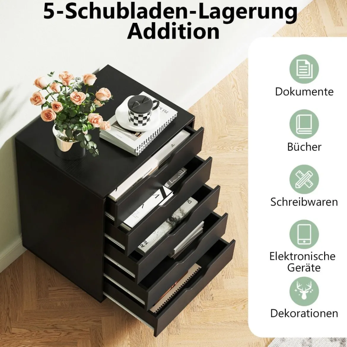 Rollcontainer mit 5 Schubladen Mobiler Aktenschrank mit Rädern Bürocontainer