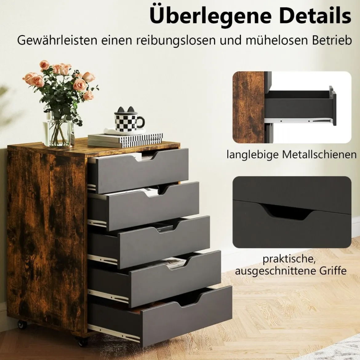 Rollcontainer mit 5 Schubladen Mobiler Aktenschrank mit Rädern Bürocontainer