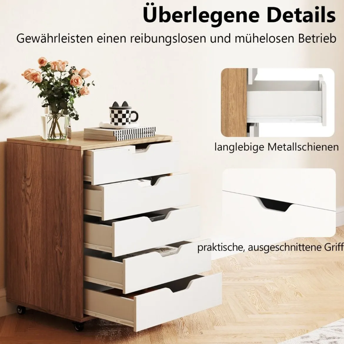 Rollcontainer mit 5 Schubladen Mobiler Aktenschrank mit Rädern Bürocontainer