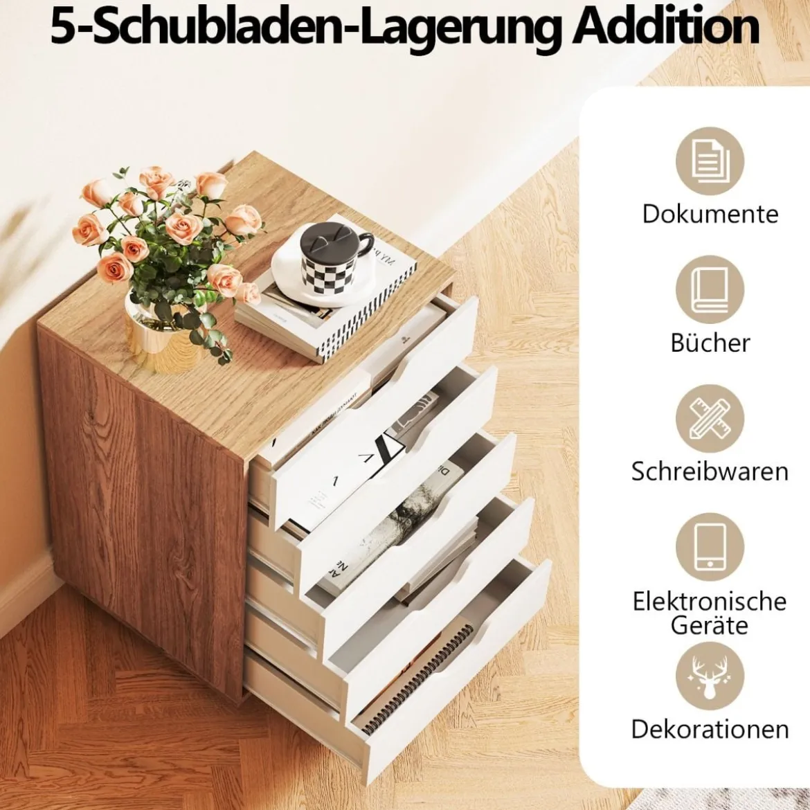 Rollcontainer mit 5 Schubladen Mobiler Aktenschrank mit Rädern Bürocontainer