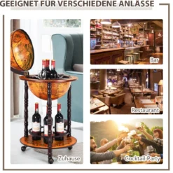 Rollender Globus-Weinständer Globus Bar auf Rollen für Wein 47 x 47 x 90 cm Braun