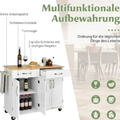 Rollender Kücheninselwagen mit Arbeitsplatte aus Gummiholz 4-türiger Servierwagen 122 x 48 x 92,5 cm
