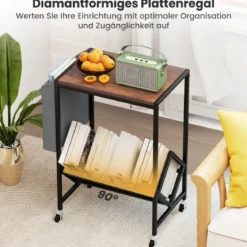 Rollender Plattenspieler-Ständer Vinyl-Schallplattentisch mit Vinylaufbewahrung & Zeitschriftenhalter Rustikales Braun