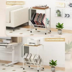 Rollender Plattenspieler-Ständer Vinyl-Schallplattentisch mit Vinylaufbewahrung & Zeitschriftenhalter Natur