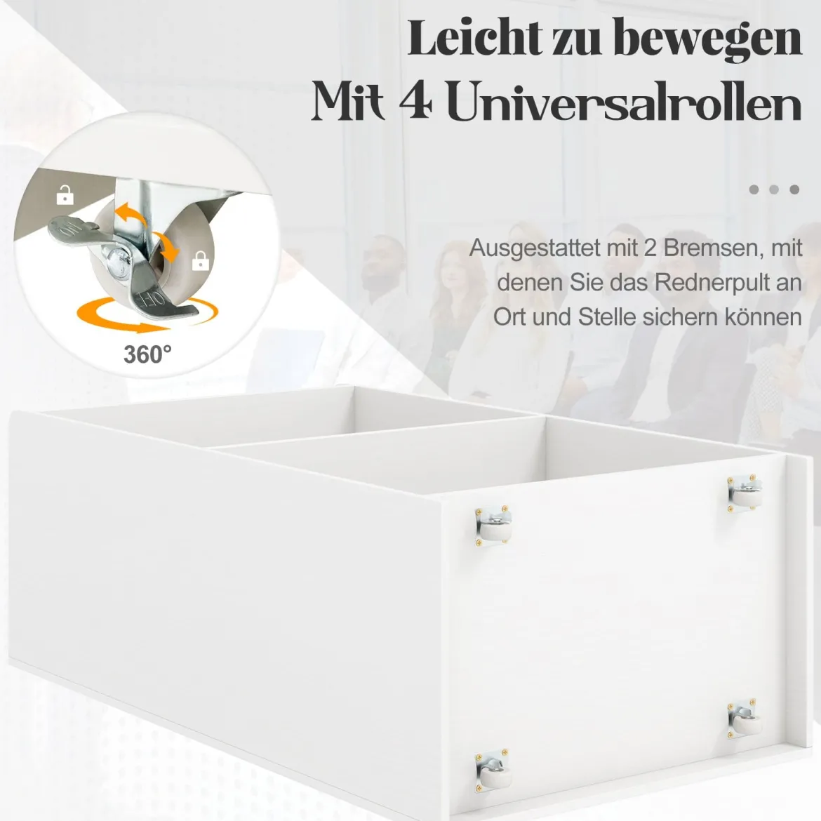 Rollender Stehpult Rednerpult mit 2 Ablagefächern Podiumständer mit 4 Universalrollen 57,5 x 37 x 105 cm Weiß