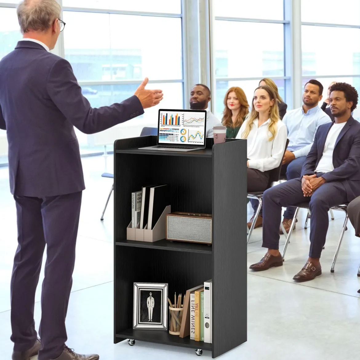 Rollender Stehpult Rednerpult mit 2 Ablagefächern Podiumständer mit 4 Universalrollen 57,5 x 37 x 105 cm Schwarz