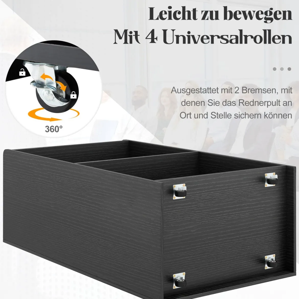 Rollender Stehpult Rednerpult mit 2 Ablagefächern Podiumständer mit 4 Universalrollen 57,5 x 37 x 105 cm Schwarz