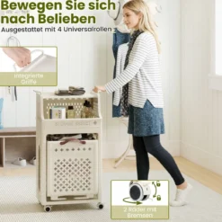 Rollender Wäschekorb mehrlagiger faltbarer Kunststoff-Wäschesammler mit oberem Regal Beige