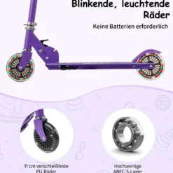 Roller Kinder klappbar Kinderroller mit LED-Räder Lenker Ständer & Tragegurt Scooter Lila