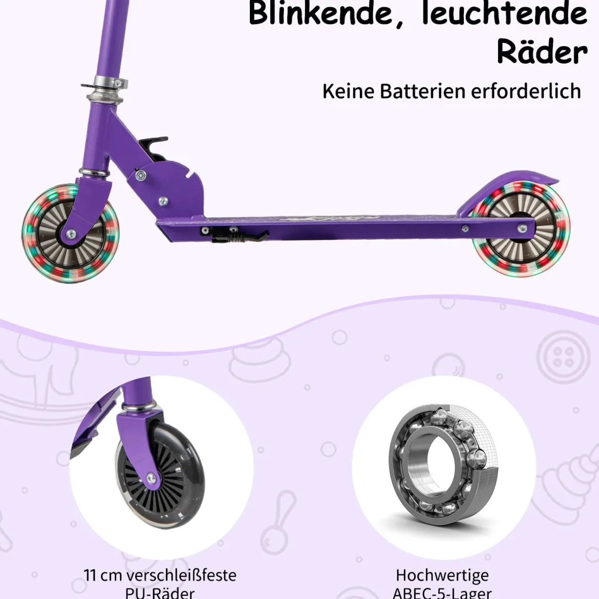 Roller Kinder klappbar Kinderroller mit LED-Räder Lenker Ständer & Tragegurt Scooter Lila