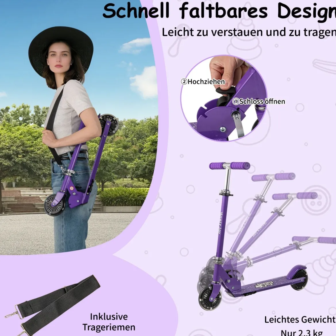 Roller Kinder klappbar Kinderroller mit LED-Räder Lenker Ständer & Tragegurt Scooter Lila