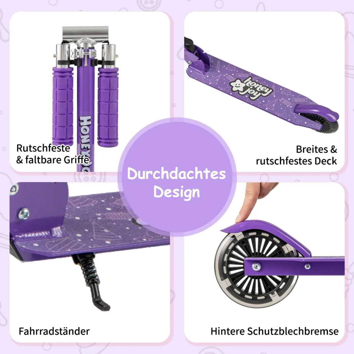 Roller Kinder klappbar Kinderroller mit LED-Räder Lenker Ständer & Tragegurt Scooter Lila