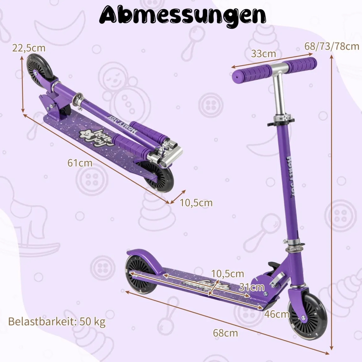 Roller Kinder klappbar Kinderroller mit LED-Räder Lenker Ständer & Tragegurt Scooter Lila