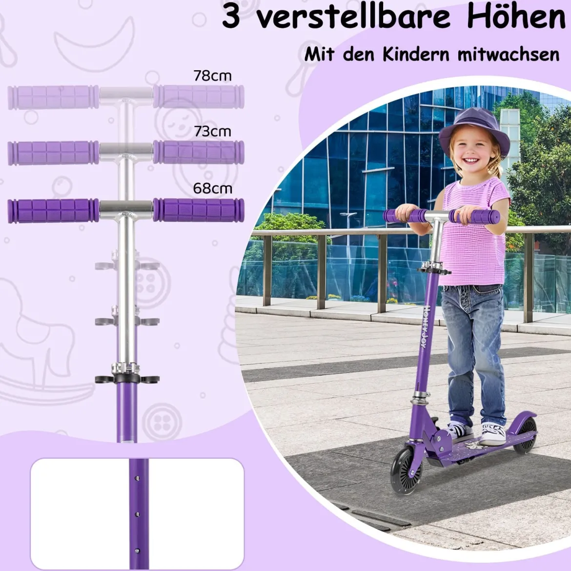 Roller Kinder klappbar Kinderroller mit LED-Räder Lenker Ständer & Tragegurt Scooter Lila