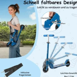 Roller Kinder klappbar Kinderroller mit LED-Räder Lenker Ständer & Tragegurt Scooter Blau