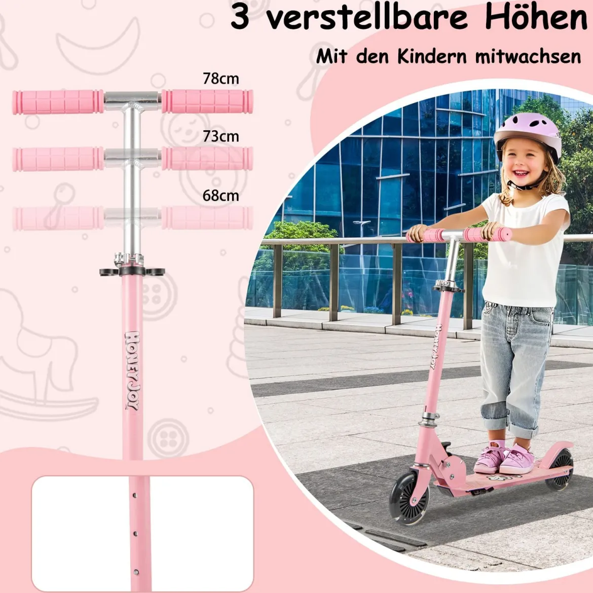 Roller Kinder klappbar Kinderroller mit LED-Räder Lenker Ständer & Tragegurt Scooter Rosa