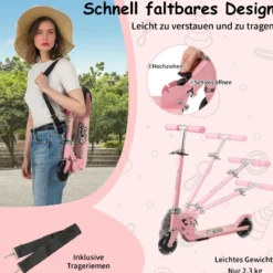 Roller Kinder klappbar Kinderroller mit LED-Räder Lenker Ständer & Tragegurt Scooter Rosa