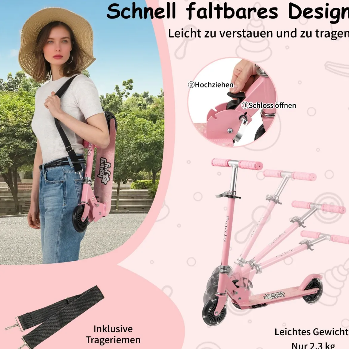 Roller Kinder klappbar Kinderroller mit LED-Räder Lenker Ständer & Tragegurt Scooter Rosa