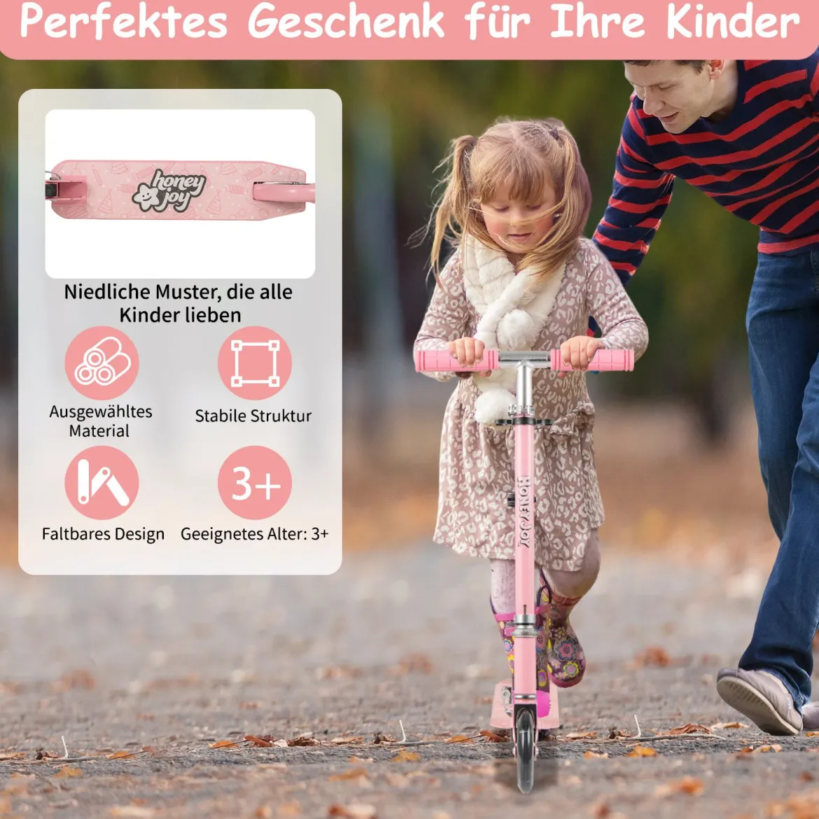 Roller Kinder klappbar Kinderroller mit LED-Räder Lenker Ständer & Tragegurt Scooter Rosa