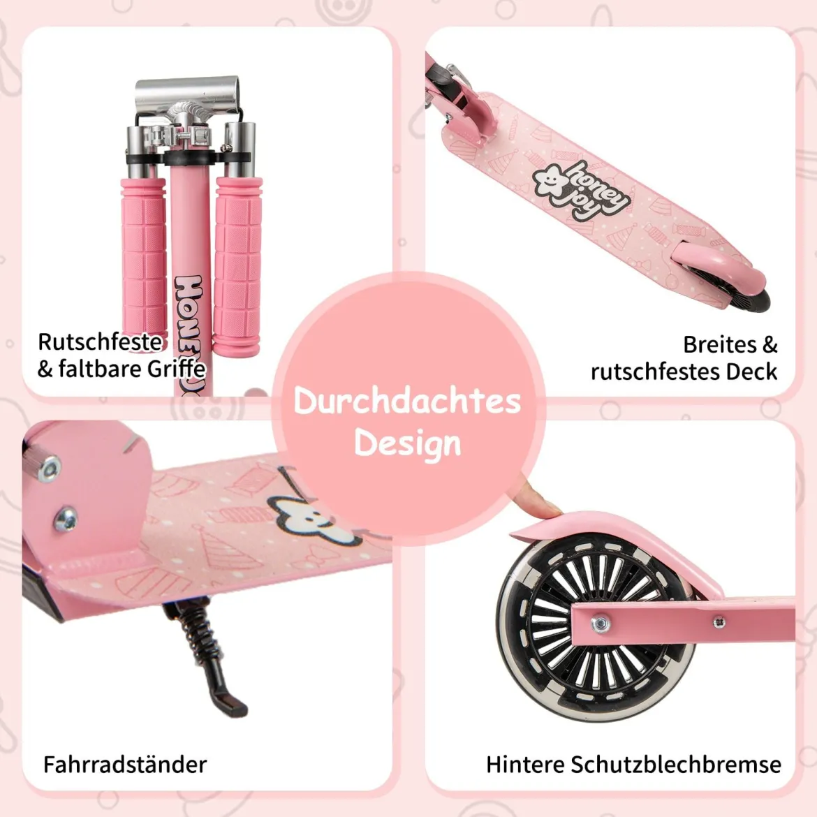Roller Kinder klappbar Kinderroller mit LED-Räder Lenker Ständer & Tragegurt Scooter Rosa