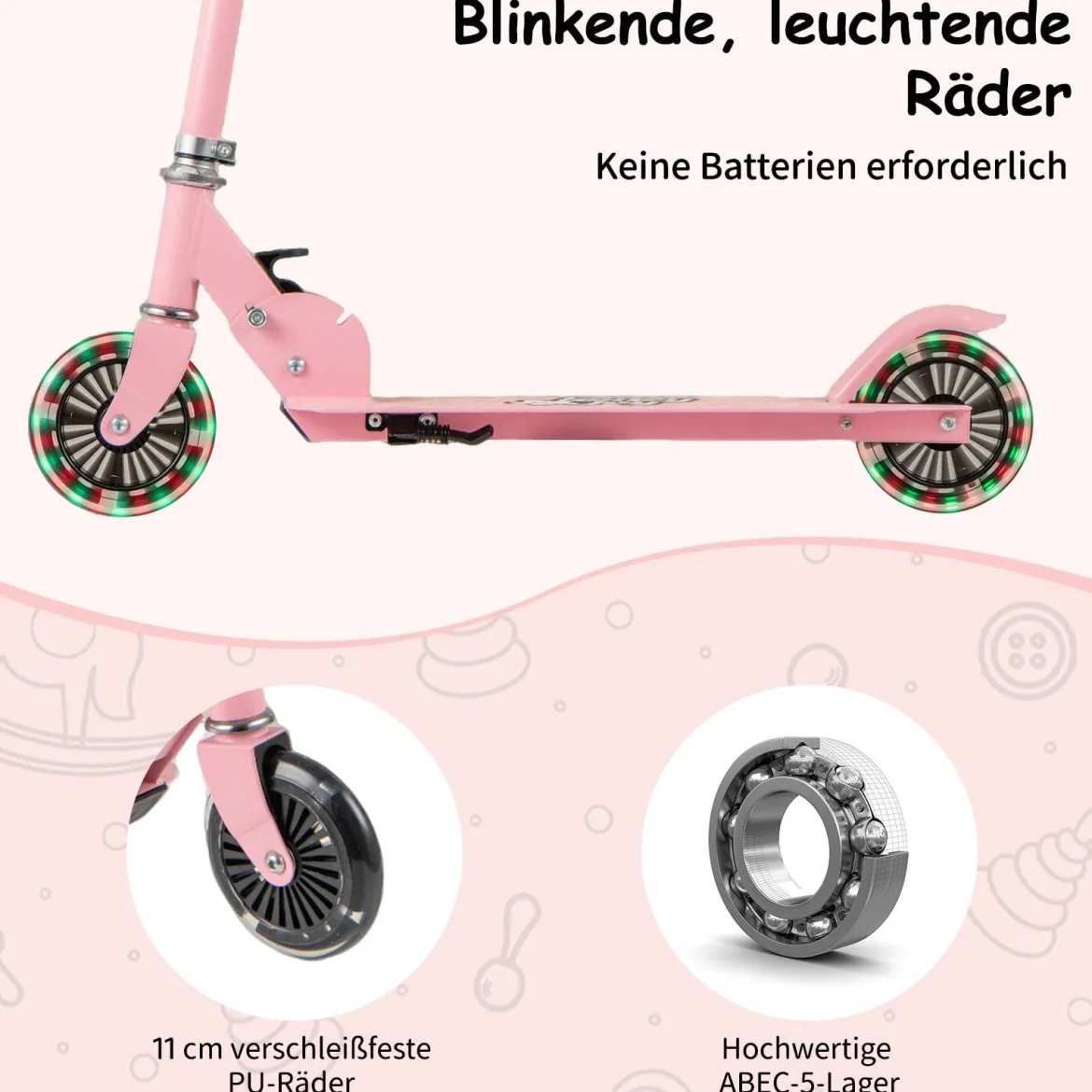 Roller Kinder klappbar Kinderroller mit LED-Räder Lenker Ständer & Tragegurt Scooter Rosa