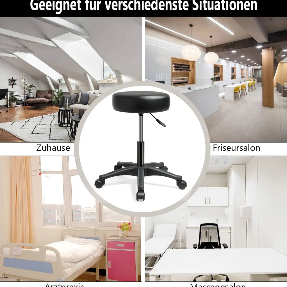 Rollhocker Drehhocker verstellbar Salonhocker mit Kunstledersitz Hocker hydraulisch Schwarz