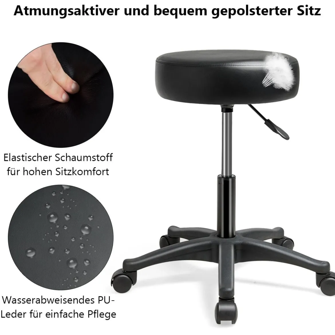 Rollhocker Drehhocker verstellbar Salonhocker mit Kunstledersitz Hocker hydraulisch Schwarz