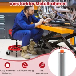 Rollhocker für die Werkstatt Mechanikerhocker auf Rollen mit 71-83 cm Höhenverstellung & Werkzeugablage Rot