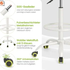 Rollhocker Höhenverstellbar Drehhocker mit Rollen 88-100 cm Arbeitshocker mit Kunstleder bezogener Sitz Grün