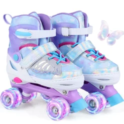 Rollschuhe Verstellbar in 4 Größen EU 34-37 Quad Skates mit 4 euchtenden Rädern Blau/Rosa