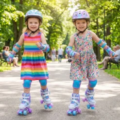 Rollschuhe Verstellbar in 4 Größen EU 30-33 Quad Skates mit 4 Leuchtenden Rädern Blau/Rosa