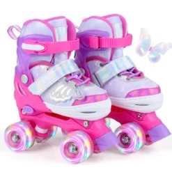 Rollschuhe Verstellbar in 4 Größen EU 30-33 Quad Skates mit 4 Leuchtenden Rädern Blau/Rosa