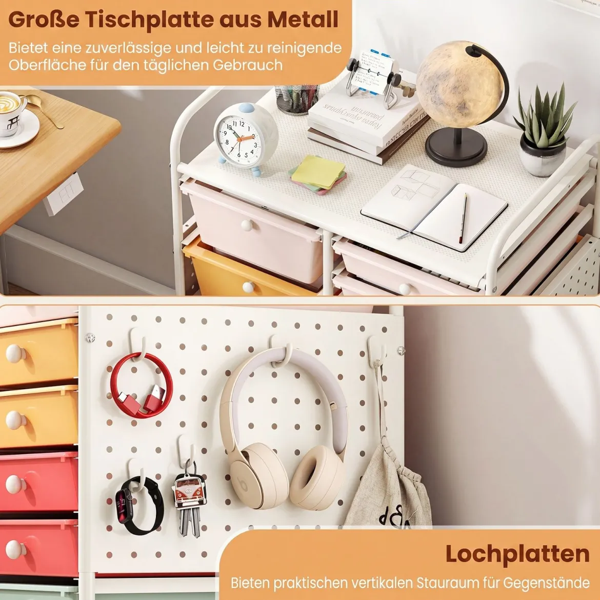 Rollwagen auf Rollen Servierwagen mit 15 Schubladen Tablett Lochplatte 63 x 37 x 87 cm