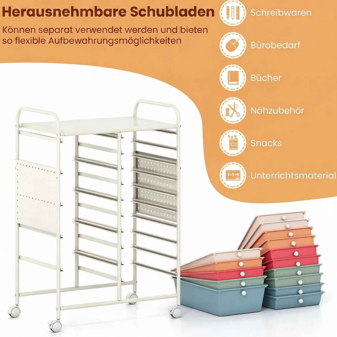 Rollwagen auf Rollen Servierwagen mit 15 Schubladen Tablett Lochplatte 63 x 37 x 87 cm