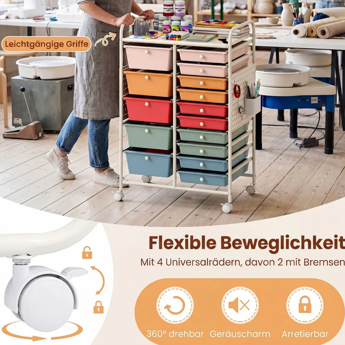 Rollwagen auf Rollen Servierwagen mit 15 Schubladen Tablett Lochplatte 63 x 37 x 87 cm