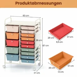 Rollwagen auf Rollen Servierwagen mit 15 Schubladen Tablett Lochplatte 63 x 37 x 87 cm