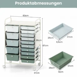Rollwagen auf Rollen Servierwagen mit 15 Schubladen Tablett Lochplatte 63 x 37 x 87 cm