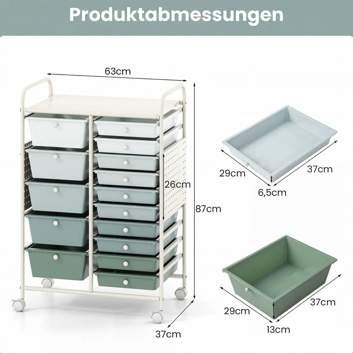 Rollwagen auf Rollen Servierwagen mit 15 Schubladen Tablett Lochplatte 63 x 37 x 87 cm