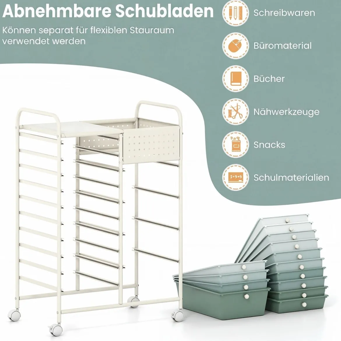 Rollwagen auf Rollen Servierwagen mit 14 Schubladen Tablett Lochplatte 63 x 37 x 87 cm