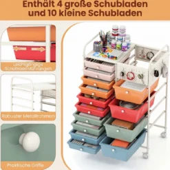 Rollwagen auf Rollen Servierwagen mit 14 Schubladen Tablett Lochplatte 63 x 37 x 87 cm
